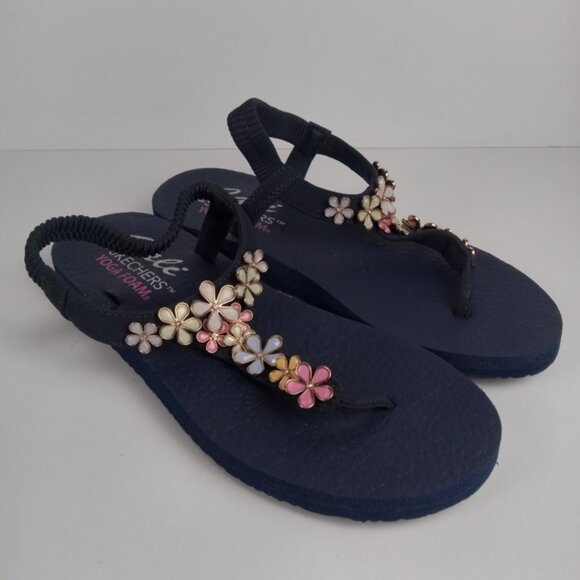 Skechers Sandals Womens 8 Meditation Happy Glass Daisies Navy Floral Yoga Foam - Picture 1 of 8